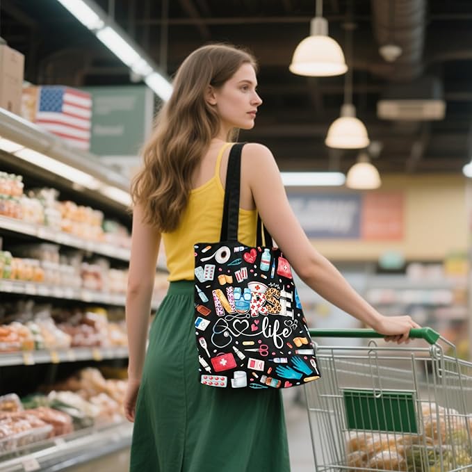 Aesthetic Canvas Tote Bag for Women - with Magnetic Snap Closure & Zipper Inner Pocket Reusable Bag for Shopping
