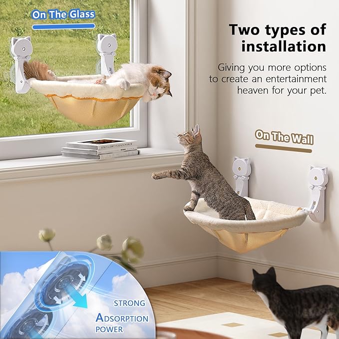 JUNSPOW Cat Window Perch Cordless, Foldable & Stable Cat Beds- Breathable Cat Window Hammock for Overlooking, Sunbathing and Climbing - Maximum Hold Up to 40lb