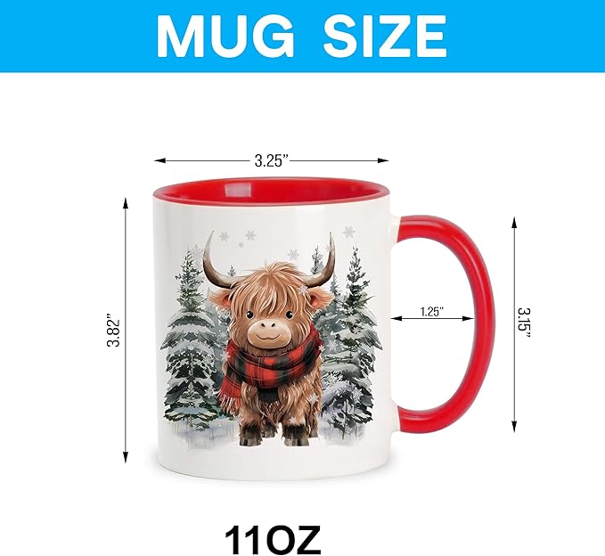 Hyturtle Winter Highland Cow Coffee Mug - Birthday Christmas Gifts For Highland Cow Lovers - Cute Animal Gifts For Women - Animal Lover Gift Ideas 11oz Two Tone Color Red/White Ceramic Tea Mug Cup
