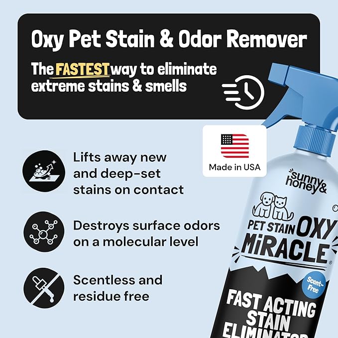 Sunny & Honey Oxy Pet Stain and Surface Odor Remover - Fast Acting Carpet Cleaner Spray to Eliminate Dog Pee, Vomit, and Stubborn Stains - Unscented, 32oz