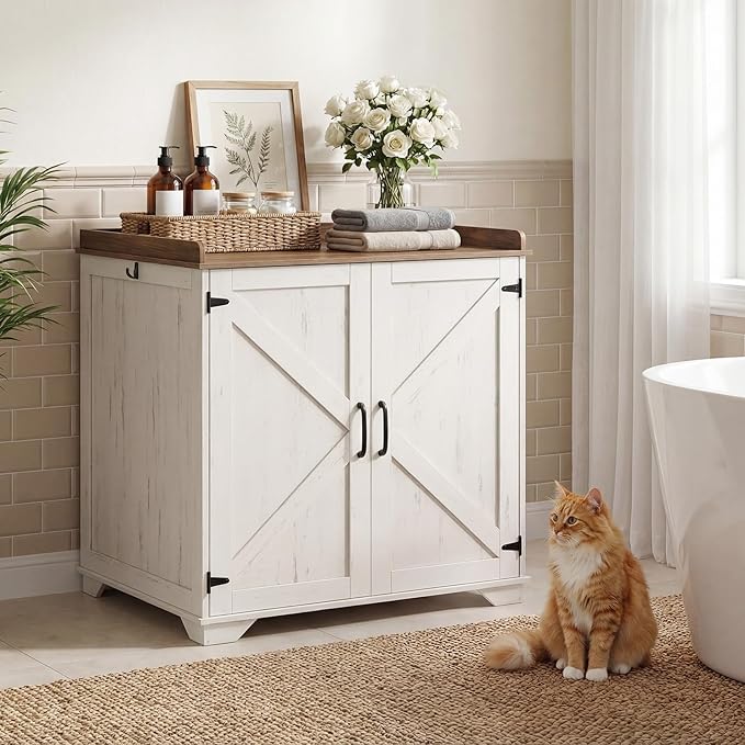 HOOBRO Automatic Litter Box Furniture for Large Capacity, Large Robotic Litter Box Cabinet with Charging Station and Hooks, Cat Litter Box Enclosure with Storage Top, White and Walnut WH89UMW01N2