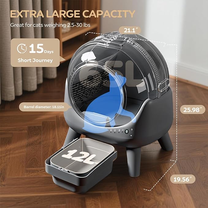Self Cleaning Litter Box for Multiple Cats, Automatic Cat Litter Box with APP Control, Advanced Safety Sensors & Odor Control, 15-Day Extra Large Waste Bin, Quiet Operation, Gray
