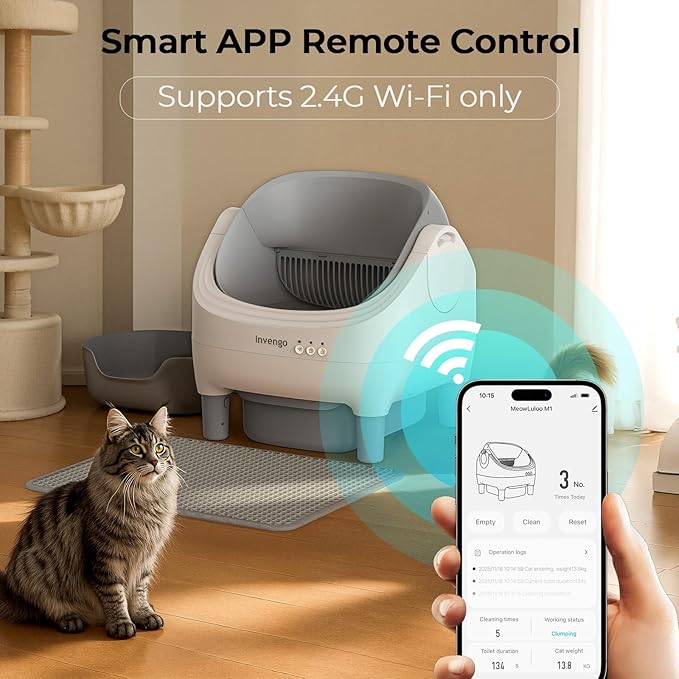 Automatic Cat Litter Box for Multiple Cats, App Control, Open-Top Automatic Litter Box Self Cleaning, Safety Sensors 10.5L Waste Bin with Odor Control, 2 Rolls of Liners