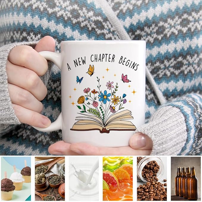 A New Chapter Begins Ceramic Coffee Mug for Women, Funny Floral Book 11oz Coffee Cup Gifts for Coworker, Retirement Farewell Mug Gifts, Going Away Good Luck Graduation Present