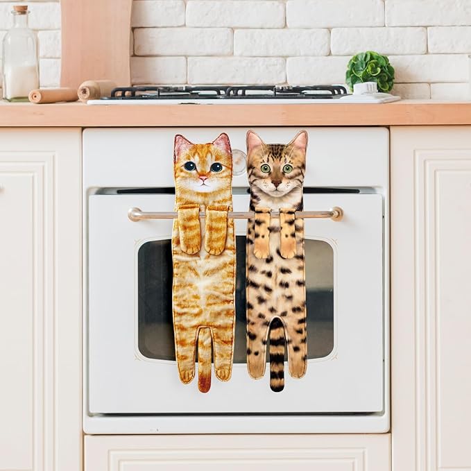 Funny Hand Towels for Bathroom Kitchen Decor - Cute Cat Hanging Hand Towel Kitchen Gadgets - Unique Housewarming Birthday Christmas Cat Lover Gift Ideas for Women Mom Lady Adults