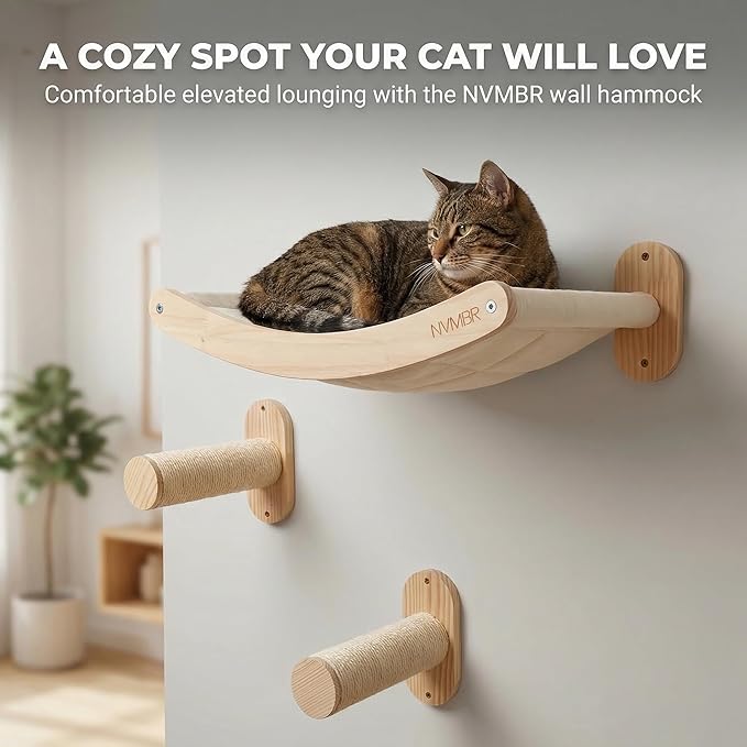 Cat Wall Shelf Bed Hammock with Sisal Stairs Set, Easy Install | 16 inch Stud Design | Holds up to 33 lbs | Indoor Shelf Lounge with Saftety Bar Designed in USA