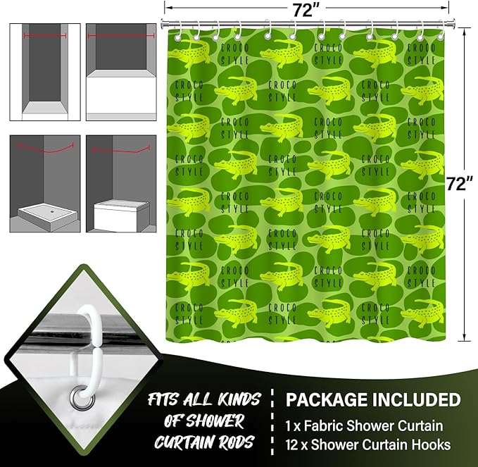 Cartoon Crocodile Shower Curtain,Green Cute Wild Animals Shower Curtains,Funny Waterproof Polyester Crocodile Bathroom Decor Accessories,72x72 in