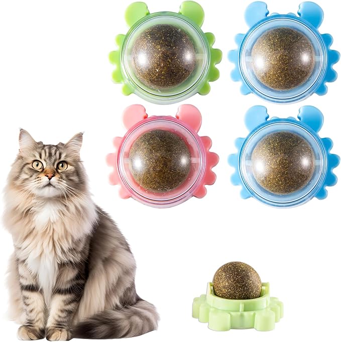 360° 4 Pack Catnip Ball for Cats Wall Mounted with Licking Roller and Spinning Motion - Interactive Treat Toy for Indoor Cats, Promotes Teeth Cleaning, Anxiety Relief and Active Play