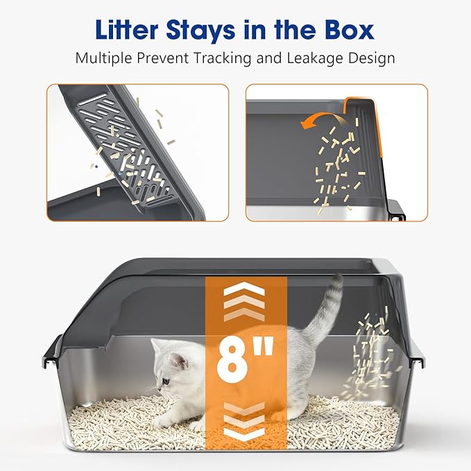 Small Stainless Steel Litter Box with Lid for Kitten, Metal Cat Litter Boxes High Sided Enclosed for Injured Cats and Rabbit, Anti-Urine Leakage | Non-Stick Bottom & Includes Scoop