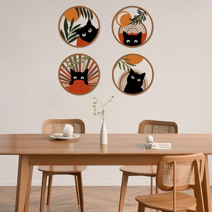 MDFUGEG Boho Black Cat Wall Decor,Black Cat Room Decor Aesthetic,4 PCS 10x10 Inches Mid Century Bohemian Abstract Moon and Sun Metal Sign for Nursery,Living Room,Bedroom,Cat Lover Gifts