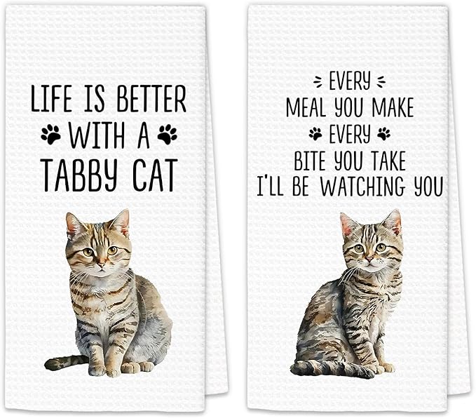 Tabby Cat Gifts Kitchen Towels Set of 2, Gifts for TabbyCat Lovers Hand Towels, Life is Better with a Tabby Cat Dish Towel Tea Towel for Kitchen, Cat Kitty Owners Kitchen Decor, 16x24In