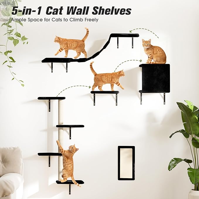 COZIWOW 5-Piece Cat Tree Set with Wall Mounted Cat Shelves, Cat Scratching Post & Cat Wall Furniture, Multi-Functional Indoor Cat Jungle Gym, Essential for Cat Room, Suitable for Large Cats (Black)