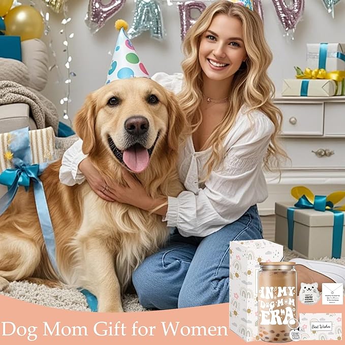 Dog Mom Christmas Gifts for Women, Dogs Themed Gift Set with 16 oz Glass Cup, Birthday Thank You Gifts for Dog Lover Best Friend Sister Mom