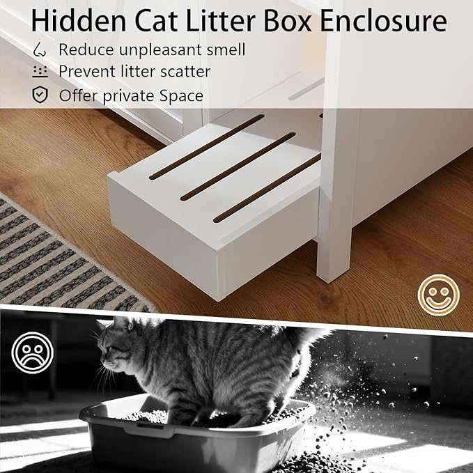 Litter Enclosure with Litter Collector, Litter Cabinet with Dog-Proof Adjustable Shelf, for Placing Cat Robot 3/4, Power Outlet (Cloud White)