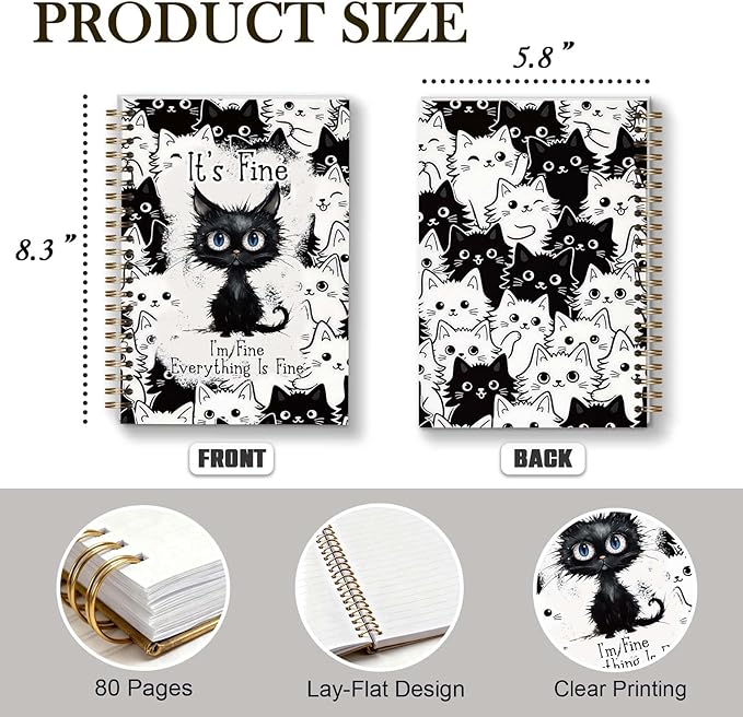 Funny Cat Journal Spiral Notebook, Cat Lover Gifts for Teen Girls, I'm Fine Everything Is Fine, 5.5x8.3 Inch - A17