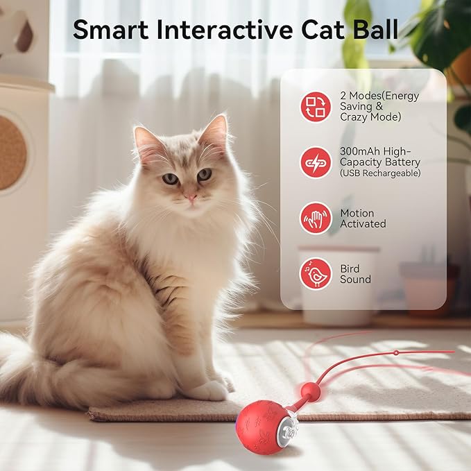 Interactive Cat Toys Ball for Indoor Cats Fast Rolling on Carpet, Chirping & Motion Activate Cat Toys, 3 Modes, ON/Off Sound