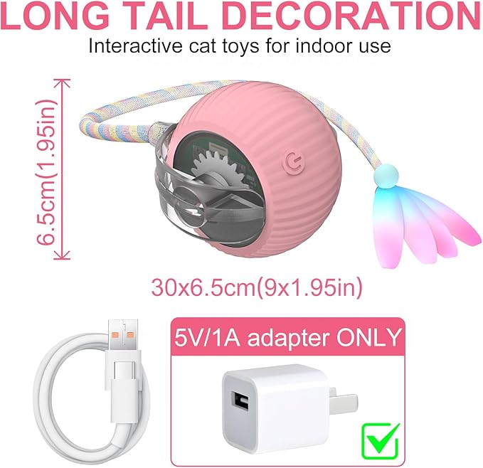 Interactive Cat Ball Toy Active Smart Rolling Balls Automatic Kitten Toys with Elastic Mesh Tail Rechargeability Motion Activated Pet Ball for Indoor Cats