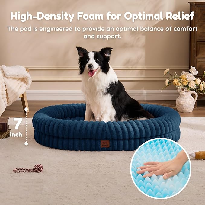 ChiXnuggle XL Dog Bed - Luxury Striped Faux Fur Waterproof Pet Couch with Removable Washable Cover, Orthopedic Dog Bed with Bolster Sides for Sleeping, Midnight Blue