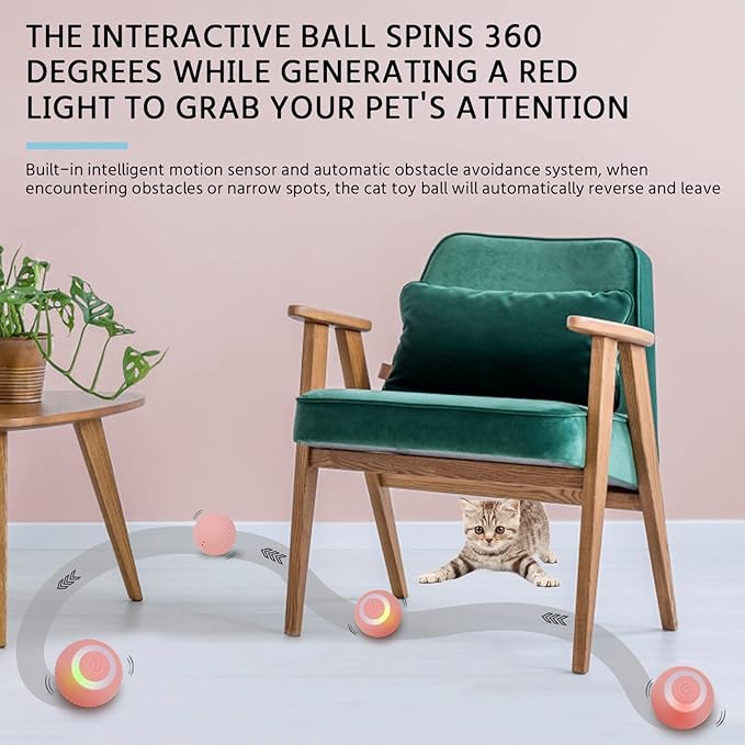 Interactive Cat Toys Ball, Automatic 360° Self-Rotating Rolling Ball with USB Rechargeable pet Exercise Chase Toy Balls for Kitten & Dog Playing -Pink
