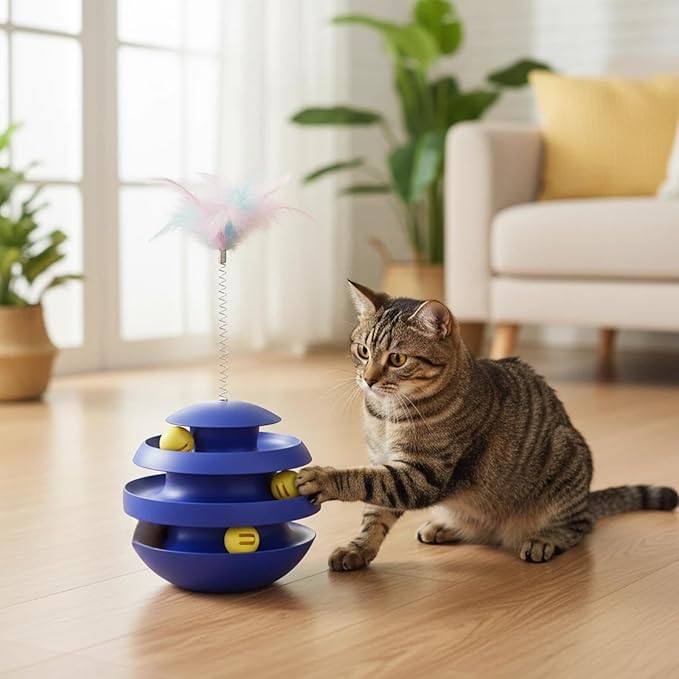 Cat Toys for Indoor Cats, Interactive Cat Toy Ball Track with Feather Sticks, 3 Spinning Balls, Wobble Rotating Tumbler Base for Bored Indoor Adult Cats to Play Alone, Reduce Anxiety(Blue).
