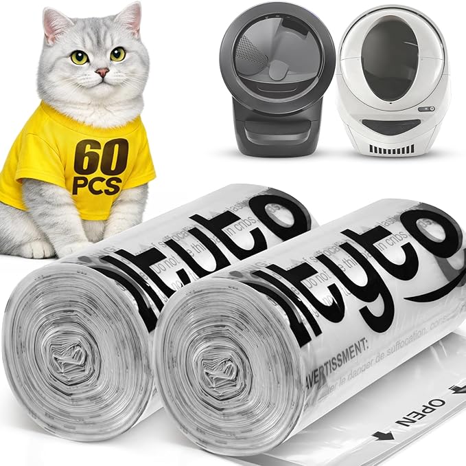60 Count Cat Litter Bags Compatible with Litter Robot 4 & 3,Self-Cleaning Litter Box Liners Bags Replacement,Waste Bags,9-11 Gallons Capacity,Heavy Duty,Transparent,Easy to Tear-off