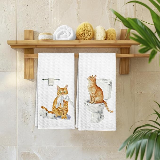 Funny Orange Tabby Cat Hand Towels for Bathroom Washroom Kitchen Decor, Orange Tabby Cat Gifts for Women Men, Cute Cats Decorative Hand Towels Set of 2, Cats Themed Dish Tea Towels, 16x24 in