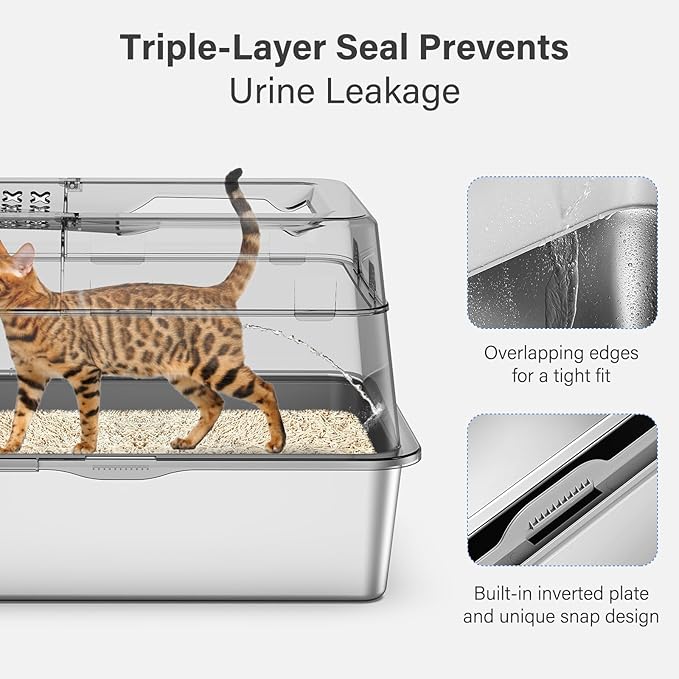 Stainless Steel Litter Box with Lid, XL Extra Large Enclosed Cat Litter Box Fits All Cats Modular Design with Flip Cover, Top Entry Metal High Sided Cat Box & Pedal & Scoop (Black)