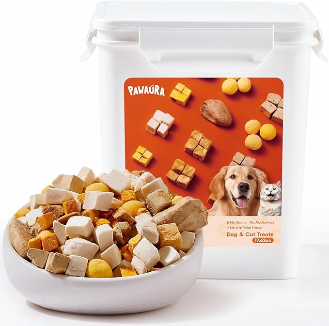 Freeze Dried Treats for Cats & Dogs, Sealed Box, 17.63 oz, Bite-Sized, Protein-Packed with Chicken, Quail Egg Yolk, Hearts, Liver, Salmonr, Pumpkin – Natural, Additive-Free Training Snacks