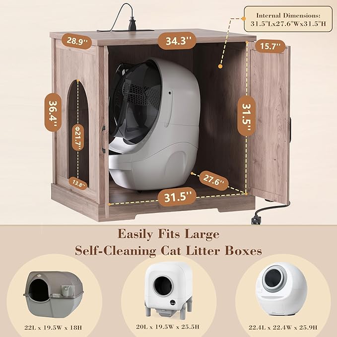 Heybly 34.5" Litter Box Enclosure,Large Robot Cabinet with Charging Station,Wooden Cat Litter Box Enclosure Furniture for Self-Cleaning Robot 3 & 4,Hidden for Smart Litter Box Size,Greige HCLB004SG