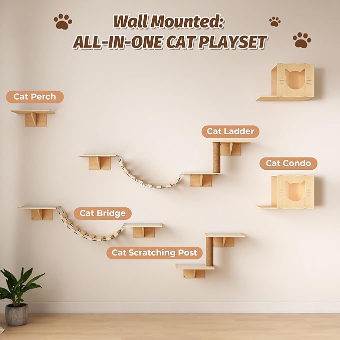 NYEEKOY Cat Wall Shelves, Wood 8-in-1 Cat Wall Furniture Set, Large Cat Shelves for Wall with Scratching Post, Cat Climbing Wall Activity Center for Climb, Play, Rest, and Scratch, Natural Wood