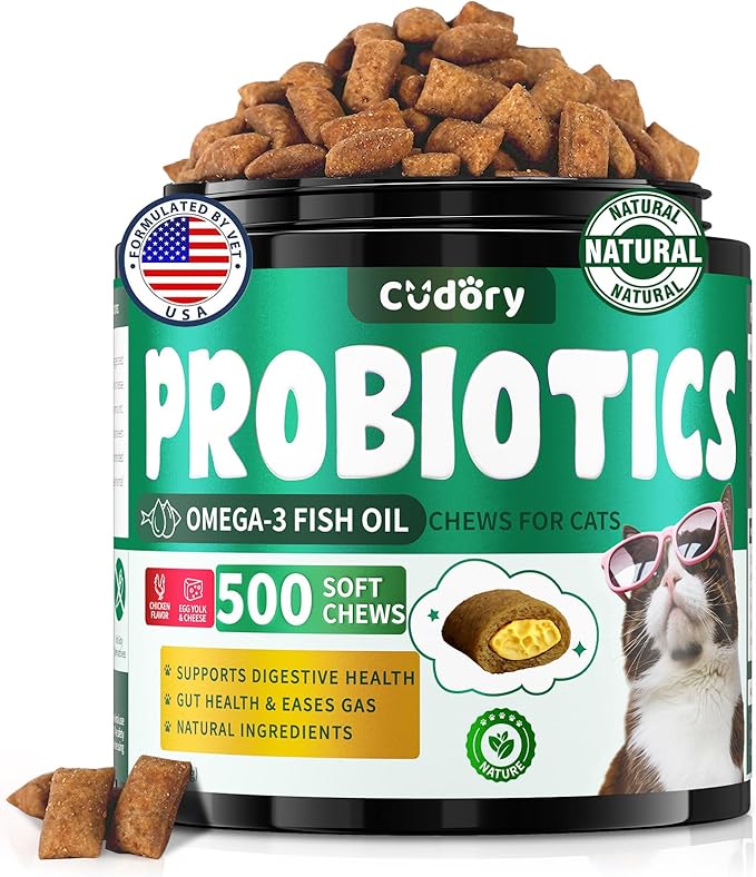 Cat Probiotics Treats for Digestive & Gut Support - 500 Crunchy & Creamy Cat Snacks - Cat Gut Health, Constipation Relief, Healthy Stool, Natural Supplement for Cats, Chicken Flavor (90-Day Supply)