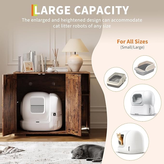 Litter Box Enclosure Cabinet, Built-in Power Outlet & 5 Ft Cord, Cat Litter Furniture with Dog-Proof Shelf and Mat, Fits Most Self-Cleaning Litter Boxes, Brown