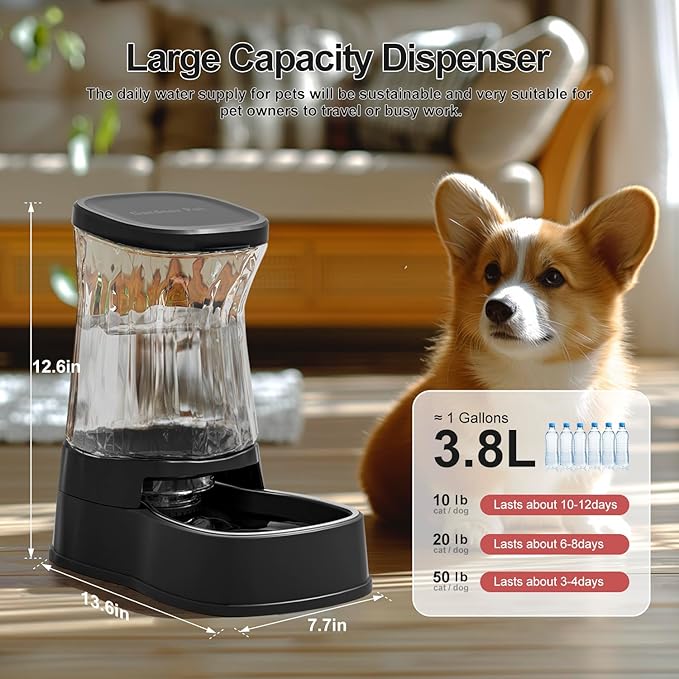 Gardner Pet Automatic Dog Water Dispenser Gravity Stainless Steel Water Waterer Feeder, 100% BPA-Free Large Capacity Water Feeding Bowls for Medium & Large-Sized Dogs Cats Other Pets -(1 Gallon)