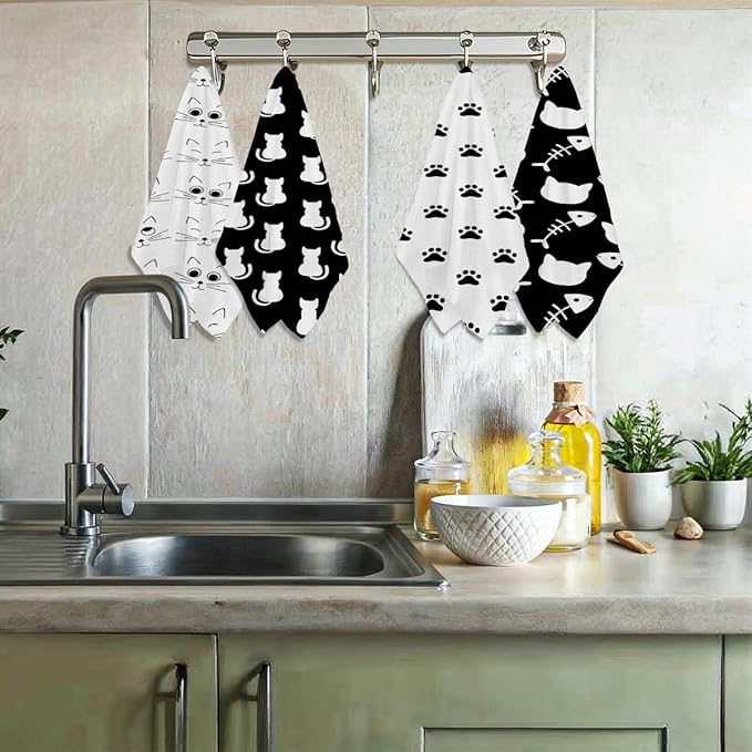 Lovdazzles 4 Pcs Cute Cat Kitchen Towels, Cat Paw Decorative Absorbent Microfiber Dish Cloth Tea Towel, Cats Waffle Soft Hand Towels for Farmhouse Home Bathroom Kitchen Decor, Cat Lover Gifts