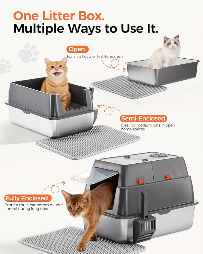 GTPLAYER XXL Stainless Steel Cat Litter Box with Lid, High Sided Enclosed Cat Litter Box, Activated Carbon Odor Control, Extra Large Metal Litter Box, Anti-Leak, with Mat & Scoop, Pinky Paws