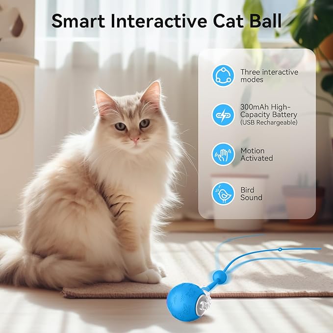 Smart Interactive Cat Dog Toys, Automatic Pet Toys for Bored Indoor Cats and Dogs, Motion Activated, USB Rechargeable, Christmas Pet Birthday Gifts (Blue)