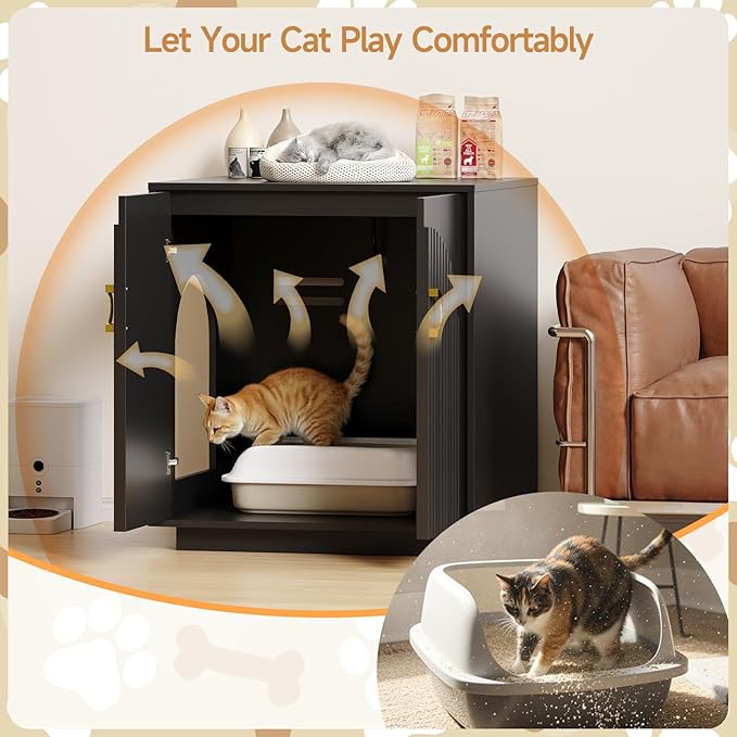 Large Cat Litter Box Enclosure for Self Cleaning Litter Box, 34.84" Tall Litter Boxes Furniture w/Outlets, Modern Cat House, Hidden Cat Litter Furniture for Living Room Black