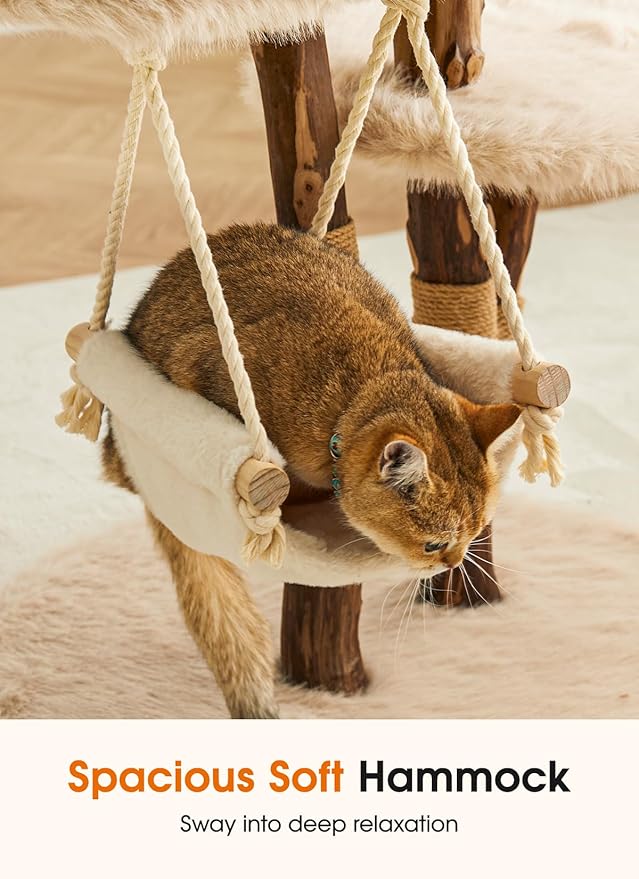 Letkind Modern Cat Tree Tower for Large Indoor Cats, Perches-Natural Solid Wood Cat Tower with Sisal Scratching Post, Perches, Hammock & PlayBalls, Aesthetic Boho Cat Furniture