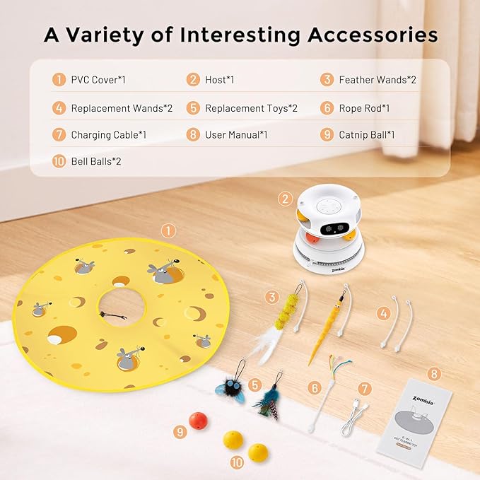 5 in 1 Interactive Cat Toys for Indoor Cats, Hide and Seek Cat Toys with Automatic Laser and Motion Activated, Fluttering Feather & Dual Track Balls with Chirping for All Breeds, Rechargeable