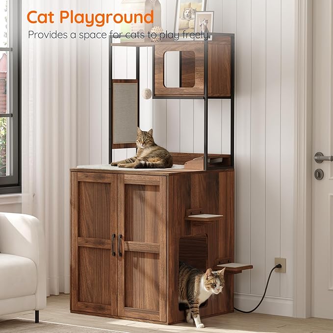 HOOBRO Cat Automatic Litter Box Enclosure Furniture, 30.5" L x 26.8" W x 61" H, Hidden Robotic Litter Box Cabinet, Dog-Proof Shelf with Charging Station, Scratching Mat, Bowls, Walnut WL68UMZ03N1