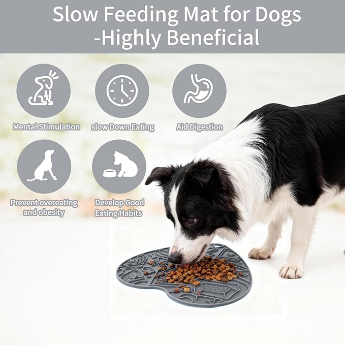 Silicone Slow Feeder Dog & Cat Bowl with Suction Cups – Non-Slip Fun Pattern for Dogs and Cats, Interactive Pet Enrichment Bowl, Treat Eating Feeder, Heart-Shaped Mat Compatible (Grey)
