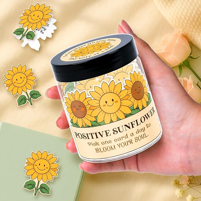 DEARMINE Positive Sunflower Jar with 60 Daily Affirmation Cards, Emotional Support Gift, Sunflower Gifts for Women, Birthday or Get Well Gifts