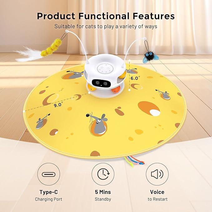5 in 1 Interactive Cat Toys for Indoor Cats, Hide and Seek Cat Toys with Automatic Laser and Motion Activated, Fluttering Feather & Dual Track Balls with Chirping for All Breeds, Rechargeable