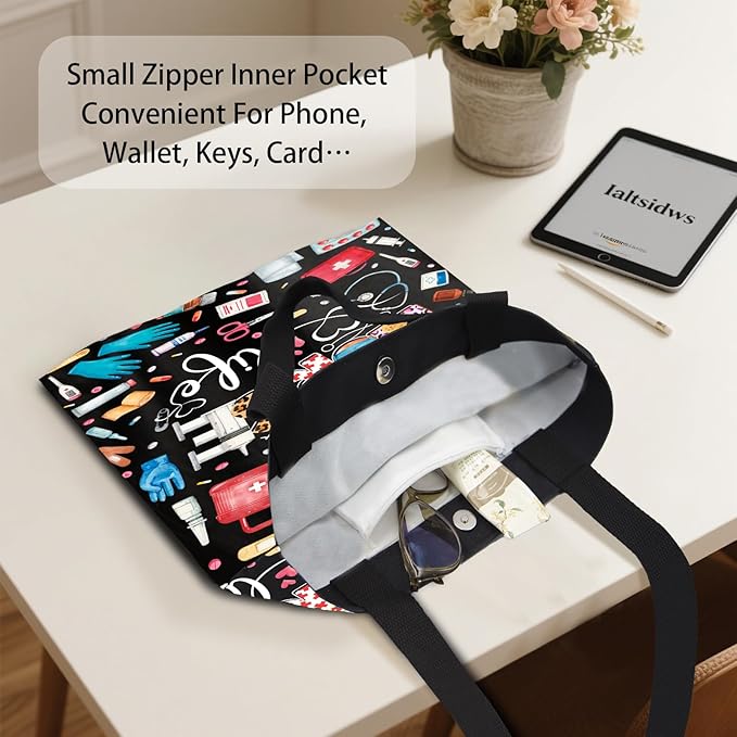 Aesthetic Canvas Tote Bag for Women - with Magnetic Snap Closure & Zipper Inner Pocket Reusable Bag for Shopping