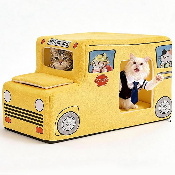 Cute Cat Beds Kitten Beds, Soft Small Dog Beds, Washable Pet Beds for Puppy and Kitty, Funny School Bus Cat Cave, 23 Inches