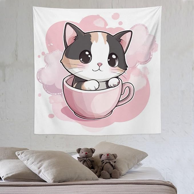 MaSiledy Tapestry Kawaii Cat Tapestries for Bedroom Aesthetic Cat Lover Gifts Tapestry As Wall Art Wall Hanging for Bedroom Living Room Dorm Landscape 60"x60" Tapestries for Bedroom Living Room Dorm