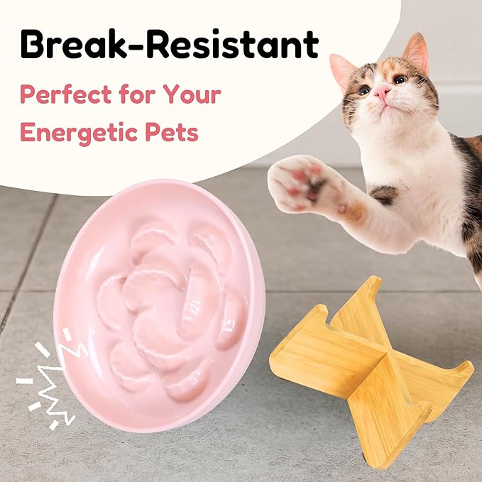 Slow Feeder Cat Bowl with Stand - Unbreakable Elevated Slow Feeder Bowl for Cats - Melamine Puzzle Raised Cat Food Bowl - Whisker Friendly & Wet & Dry Food- Dishwasher Safe & Non Slip (Pink