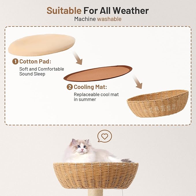 Modern Rattan Cat Tree House Condo Tall Heavy Duty Cat Climbing Tower with Scratching Post,Basket,Bed,and Stand for Indoor Large Cat