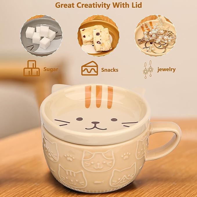 Cute Ceramic Cat Coffee Mug with Lid,Kawaii Coffee Mugs or Tea Cups for Cat Lovers,Funny Novelty Breakfast Mugs for Women Wife Mum Girls Boys Friends Kids Christmas Birthday Gift,300ML（Yellow）