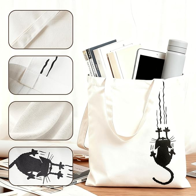 Yivona Canvas Tote Bag for Women, 100% Cotton Cat Tote for Shopping, Travel, School, Gift for Girls, Book Lover, Birthday